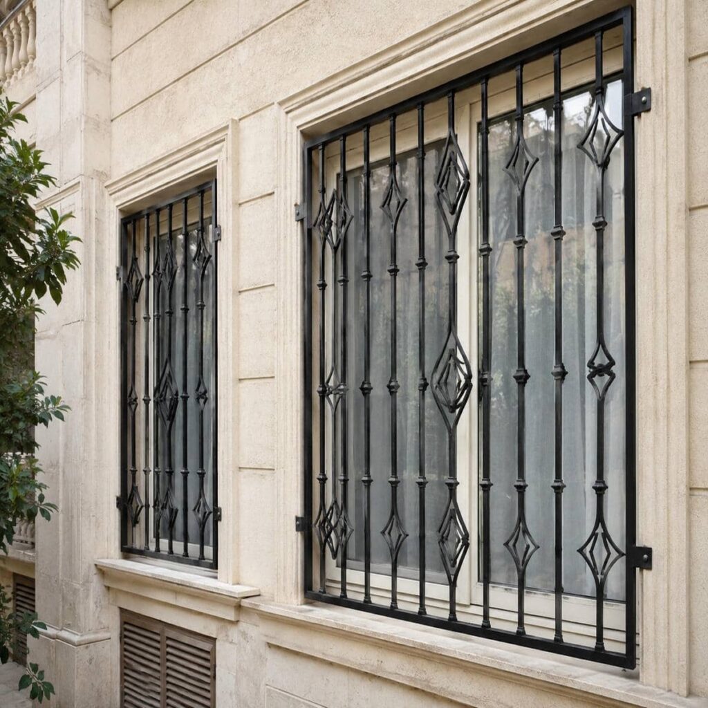 حفاظ پنجره فرفورژه با طرح تزئینی برای نمای خانه