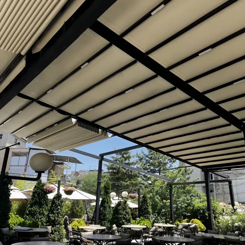 سایبان برقی شیراز با پوشش پارچه ای طوسی